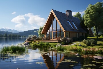 Obraz premium 3d rendering of modern cozy chalet with pool and parking for sale or rent. Massive mountains in the background.
