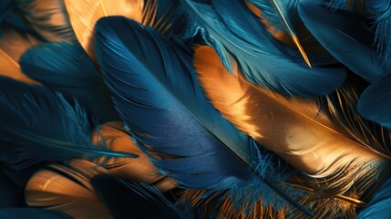 Elegant Blue and Golden Feathers Texture Background