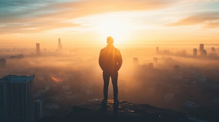 silhouette of a person standing alone during a sunrise with a view of the city