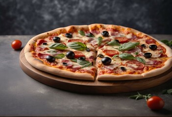 Freshly Baked Pizza with Tomatoes, Olives, Cheese, and Basil on Wooden Board with Dark Textured Background