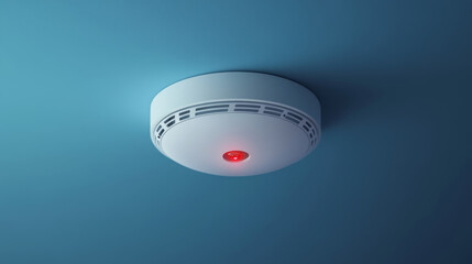 Ceiling fire detector with flat design and red indicator light, mounted on blue wall.
