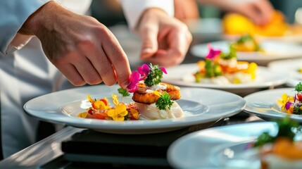 Chef plating colorful Thanksgiving dishes at a high-end restaurant kitchen vibrant garnishes and edible flowers for a contemporary twist