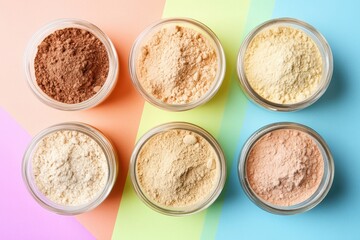 Vibrant selection of various organic protein powders on multicolor background