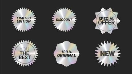 Holographic stickers logos emblem labels color set. Metallic effect. For packaging product of promotional material. Sticker for clothes or accessories. Vector illustration.