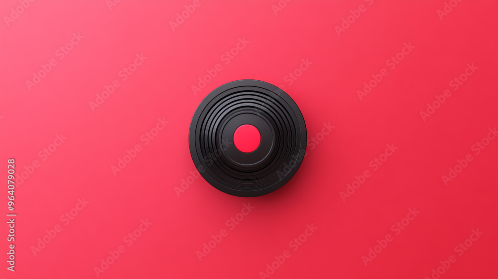 Poster black circular object with concentric rings on red background, creating striking visual contrast.