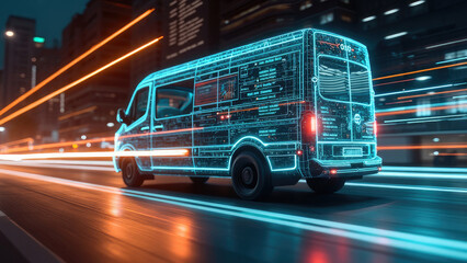 The Future of Transportation: A Digital Van Driving Through City Lights