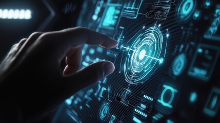 Hand touching a glowing healthcare icon on a futuristic digital interface in a clean medical environment, symbolizing the future of healthcare technology