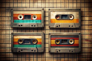 Obraz premium Vintage cassette tapes on plaid background retro music collection
