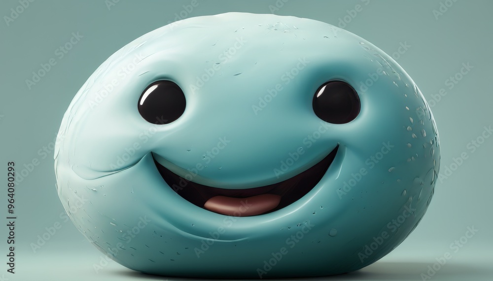 Poster a cheerful blue blob with a big smile and expressive eyes stands out against a light background. the