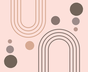 Abstract boho geometric design with lines and circles in shades of grey with a light pink background