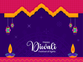 Happy Diwali Festival of Lights with Colorful Diyas and Lanterns in a Modern Festive Design