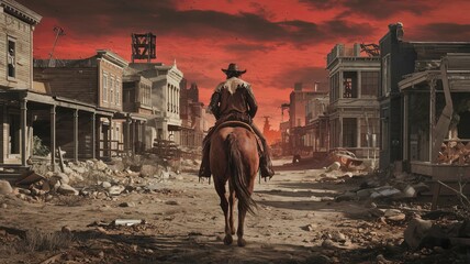 Naklejka premium horse in the desert city post-apocalyptic age