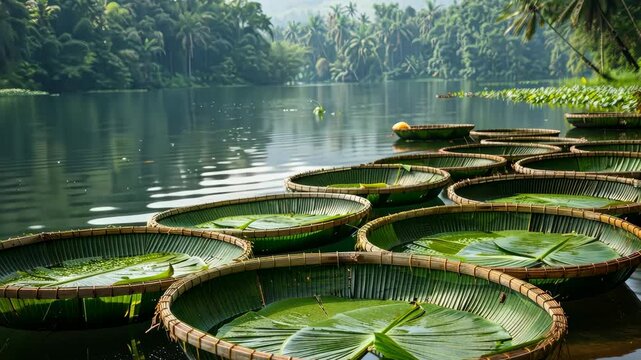 Coracles made of pal lining the calm waters in a serene river at dawn