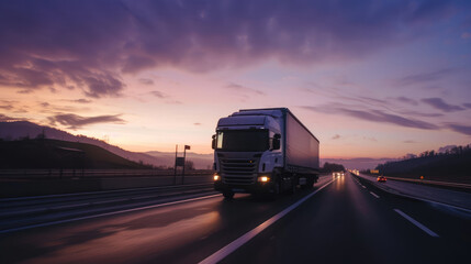 Obraz premium Sunset Drive with Commercial Truck on Highway