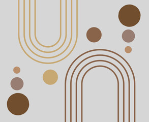 Abstract boho geometric design with lines and circles in shades of brown with a light grey background