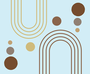Abstract boho geometric design with lines and circles in brown, grey and  brown with a light blue background