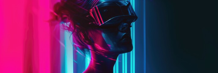 Woman Experiencing Virtual Reality in Neon