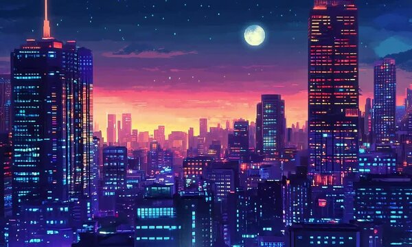 pixelated retro game style, Twilight skyline with glowing city lights, 4K video stock