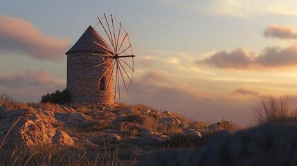 A stone windmill stands on a hilltop against a vibrant sunset sky. - Powered by Adobe