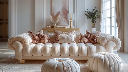 High-quality textured fabric three seater sofa with gold and pink decorative elements, natural warm colors, classic design aesthetics, luxurious and modern. Generative AI.