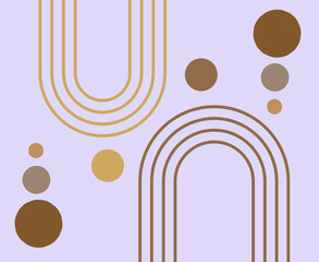Abstract boho geometric design with lines and circles in shades of brown with a light purple background