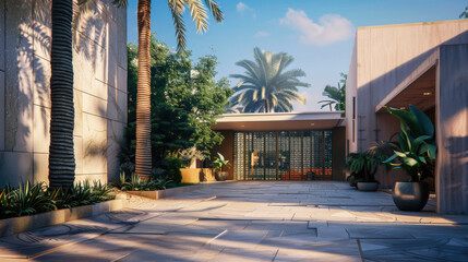 Elegant luxury mansion with palm trees in a sunny residential area