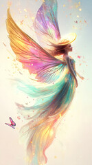 Obraz premium A cartoon angel with translucent butterfly wings in vibrant colors glides through the air, her glowing wings and halo radiating calm and beauty.