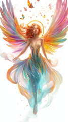 Obraz premium A cartoon angel with translucent butterfly wings in vibrant colors glides through the air, her glowing wings and halo radiating calm and beauty.