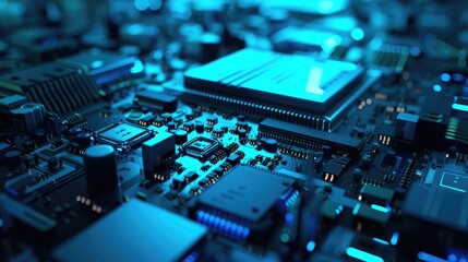 Fototapeta premium High-Tech Microchip on Blue Circuit Board