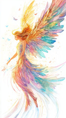Obraz premium A cartoon angel with translucent butterfly wings in vibrant colors glides through the air, her glowing wings and halo radiating calm and beauty.