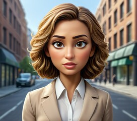 A realistic 3D rendering of a confident woman with short blonde hair and expressive eyes, dressed in a beige suit, standing on a bustling city street. The background features urban architecture