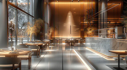 Modern restaurant interior design. stainless steel panels, Minimalism, modernism, natural materials, designer lighting. Wood, cozy, elegant interior for the whole family with futuristic elements.