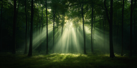 Fototapeta premium Dawn in the Forest with Gentle Light and Shadow