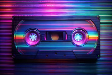 Vibrant neon lit cassette tape retro music icon on striped background