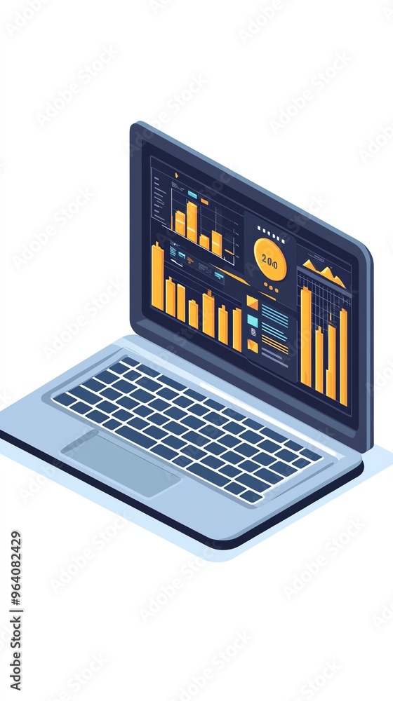 Fototapete isometric view of a laptop computer with a screen displaying various data charts and graphs.