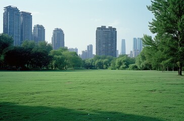 Obraz premium Tranquil City Park with Lush Greenery and Skyscrapers