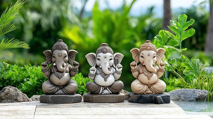 Obraz premium Three decorative Ganesh statues in serene outdoor setting, symbolizing wisdom and abundance with lush greenery in the background.