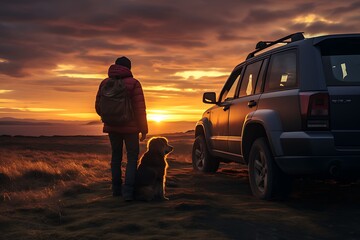 Man with a dog car on the background of a beautiful sunset in the mountains