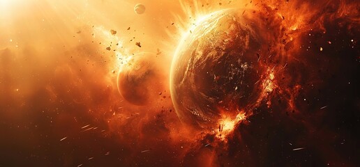 A fiery planet explodes in a dramatic cosmic display, with debris scattered across the vast expanse...