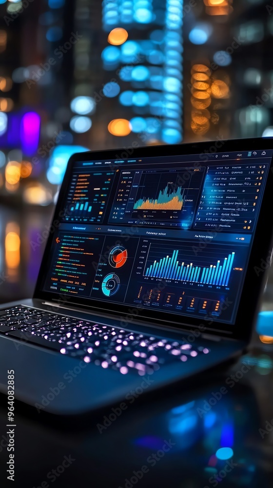 Poster laptop with data analytics charts and graphs on a screen with blurred city lights in the background.