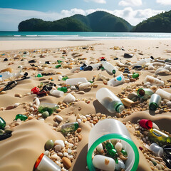 full of plastic bottles on the beach. recycle concept. Generative AI