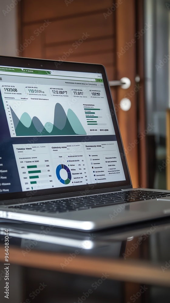 Poster laptop with data graphs and charts on screen.