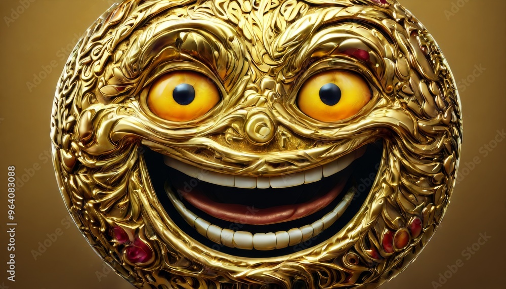 Poster a detailed 3d illustration of a gold textured smiling face with large, expressive eyes and intricate