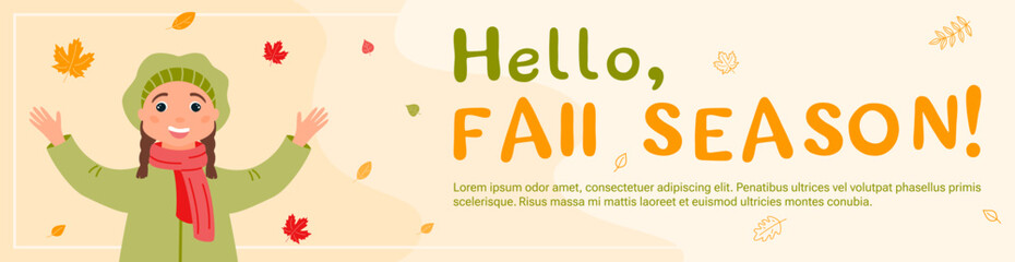 Banner Hello, fall season! A happy girl in autumn clothes catches falling colorful leaves.