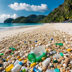 full of plastic bottles on the beach. recycle concept. Generative AI