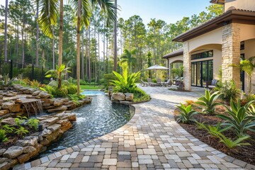 Obraz premium Beautiful Paver Patio with Water Feature, Swimming Pool, and Lush Florida Landscape with Tall Trees and Natural Colors