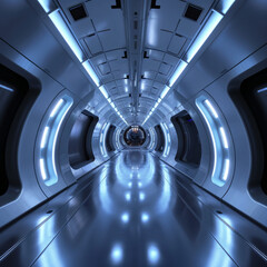 Naklejka premium Sleek Sci-Fi Corridor with Blue Lights in a Spaceship Interior