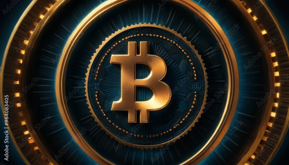 Poster a striking visual of a golden bitcoin symbol set against a futuristic background. the intricate digi
