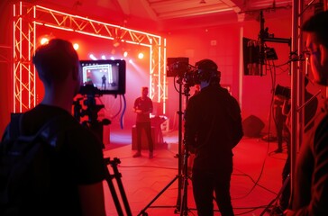 Fototapeta premium Film Crew Working on Set in Red Lighting
