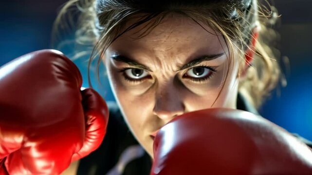 A female boxing referee in the middle of a boxing match, making a decisive call, with intense focus
